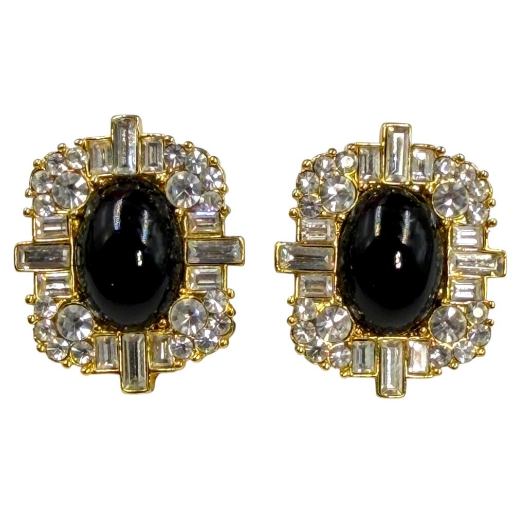 Vintage 80s Monet Black Cabochon Rhinestone Baguette Pierced Stud Earrings Glam